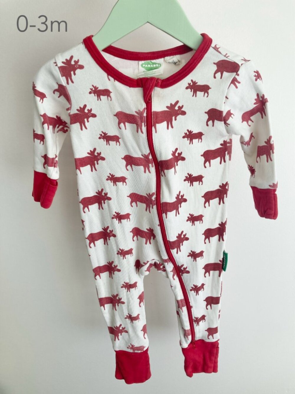 (🎨$3 PLAY) Parade 0-3 Months Baby Red White Moose 2 Way Zipper Sleeper Fall